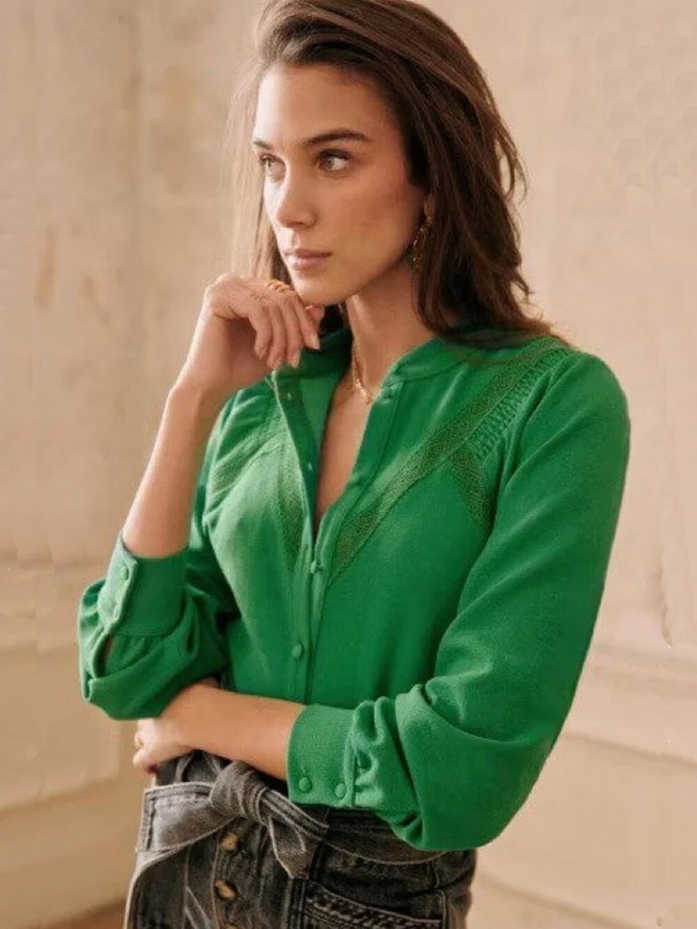 Sezane Fride Lace Insert Long Sleeve Blouse Top 2
